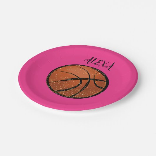 ピンクの女の子のためのバスケットボールパーティープレート。 ペーパープレート (アングル)