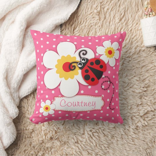 ピンクの女の子のてんとう虫の名前の花の水玉模様の枕 クッション (ブランケット)