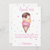 ピンクの女の子のアイスクリーム誕生日パーティー感謝カード 招待状 (正面/裏面)