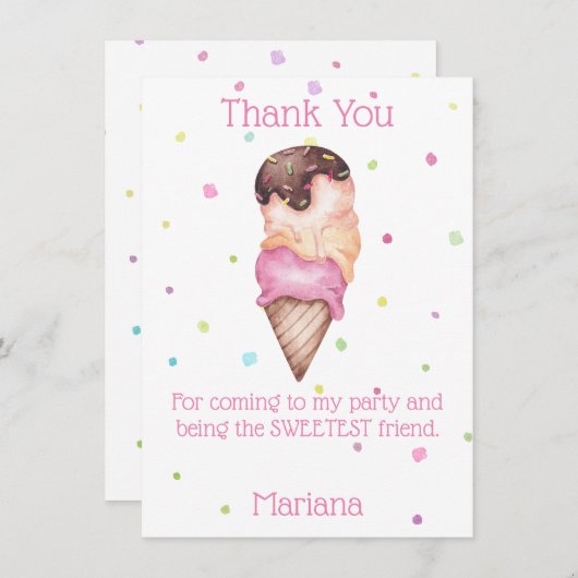 ピンクの女の子のアイスクリーム誕生日パーティー感謝カード 招待状 (正面/裏面)