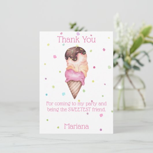 ピンクの女の子のアイスクリーム誕生日パーティー感謝カード 招待状 (スタンド正面)