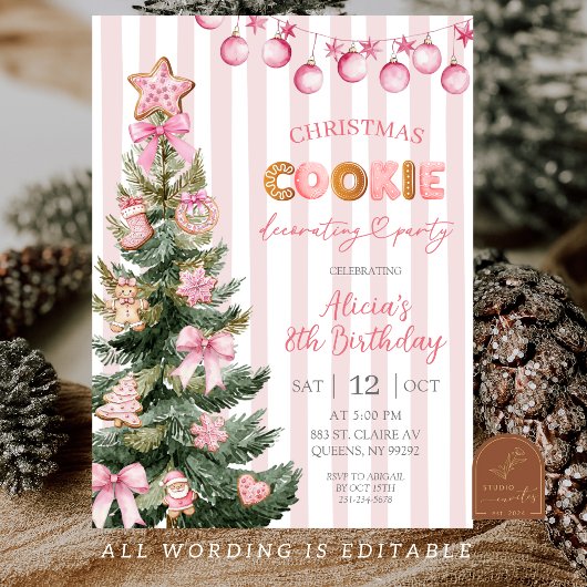 ピンクの女の子のクッキー飾り付けパーティー誕生日 招待状