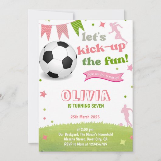 ピンクの女の子のサッカーバースデー招待状 フットボールカード 招待状 (正面)