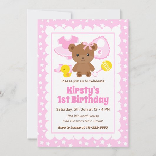 ピンクの女の子のテディベアの服 誕生日の招待状 招待状 (正面)