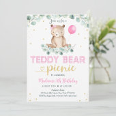 ピンクの女の子のテディベアピクニック誕生日 招待状 (スタンド正面)