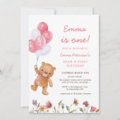 ピンクの女の子のテディベア 1歳の誕生日 招待状 (正面)