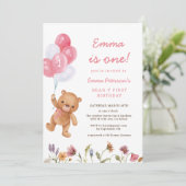 ピンクの女の子のテディベア 1歳の誕生日 招待状 (スタンド正面)