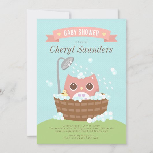 ピンクの女の子のフクロウの木製風呂場シャワー招待状 招待状 (正面)
