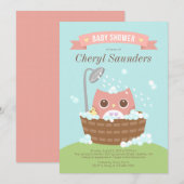 ピンクの女の子のフクロウの木製風呂場シャワー招待状 招待状 (正面/裏面)