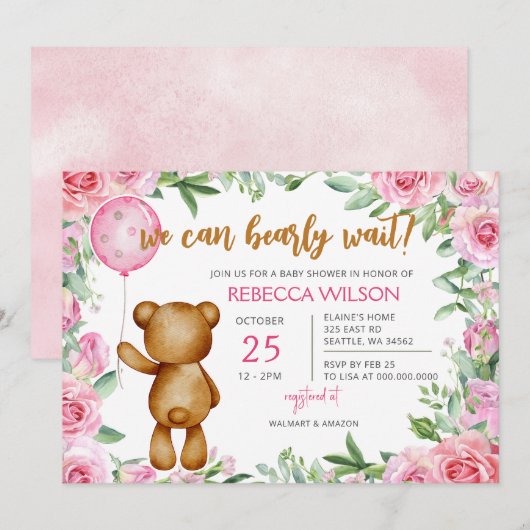 ピンクの女の子のベビーシャワーおめでとう We Can Bearly Wait 招待状 (正面/裏面)