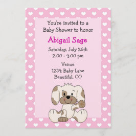 ピンクの女の子のベビーシャワー - かわいい子犬とハート 招待状
