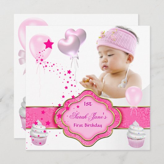 ピンクの女の子の写真の最初の1番目の誕生日パーティー 招待状 (正面/裏面)