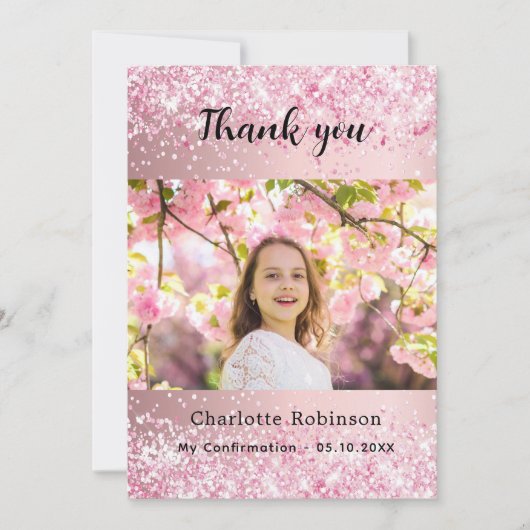ピンクの女の子の写真の確認サンキューカード 招待状 (正面)
