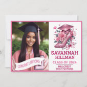 ピンクの女の子の写真カスタムラグジュアリー卒業式 招待状 (正面)