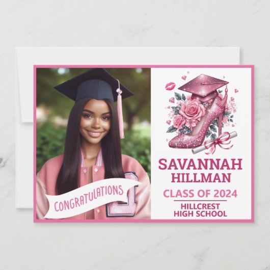 ピンクの女の子の写真カスタムラグジュアリー卒業式 招待状 (正面)