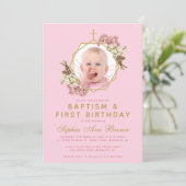 ピンクの女の子の写真　洗礼　最初の誕生日　ラン 招待状 (スタンド正面)