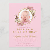 ピンクの女の子の写真　洗礼　最初の誕生日　ラン 招待状 (正面)