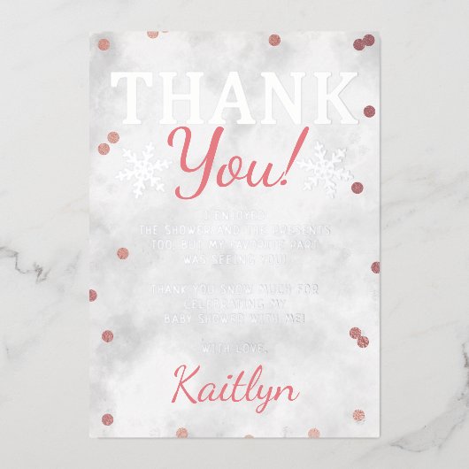 ピンクの女の子の冬のクリスマスベビーシャワーありがとう 箔招待状 (正面)