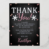 ピンクの女の子の冬のクリスマスベビーシャワーありがとう 箔招待状 (正面)