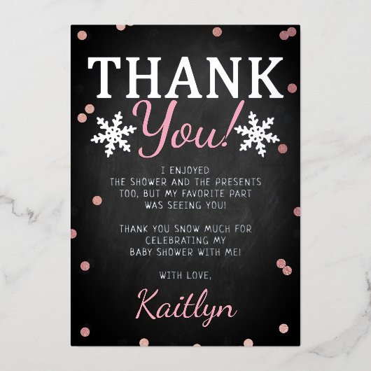 ピンクの女の子の冬のクリスマスベビーシャワーありがとう 箔招待状 (正面)