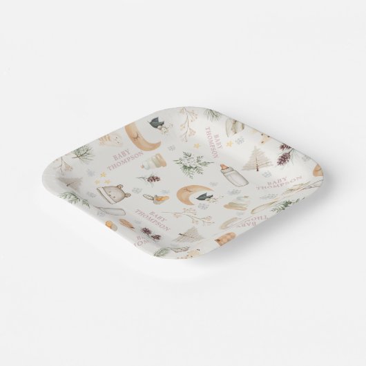 ピンクの女の子の冬の赤ちゃんシャワー外は寒い ペーパープレート (傾斜あり)