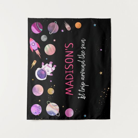 ピンクの女の子の宇宙飛行士 外部空間 誕生日 背景 タペストリー (正面)