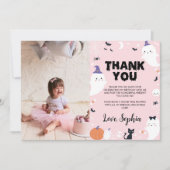 ピンクの女の子の幽霊の誕生日写真ありがとうカード サンキューカード (正面)