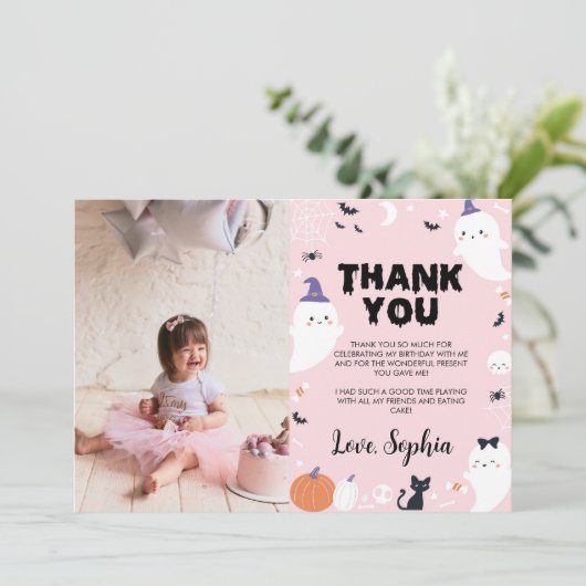 ピンクの女の子の幽霊の誕生日写真感謝カード サンキューカード (スタンド正面)