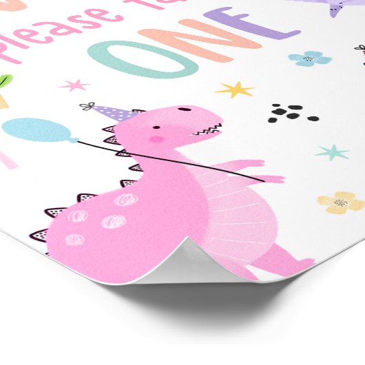 ピンクの女の子の恐竜の誕生日パーティーの好意 ポスター (角)