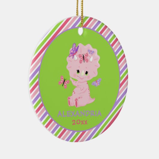ピンクの女の子の恐竜パーソナライズされたのストライプクリスマス セラミックオーナメント (右)