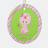 ピンクの女の子の恐竜パーソナライズされたのストライプクリスマス セラミックオーナメント (左)