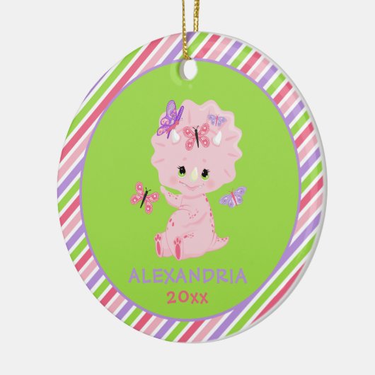 ピンクの女の子の恐竜パーソナライズされたのストライプクリスマス セラミックオーナメント (左)