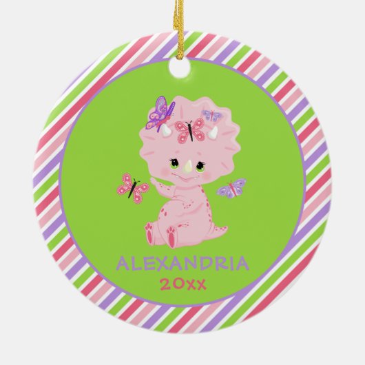 ピンクの女の子の恐竜パーソナライズされたのストライプクリスマス セラミックオーナメント (裏面)