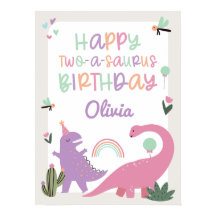 ピンクの女の子の恐竜2nd誕生日パーティーポスターのサイン