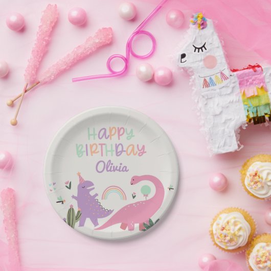 ピンクの女の子の恐竜5th誕生日パーティーフォームのサイン ペーパープレート (パーティー)