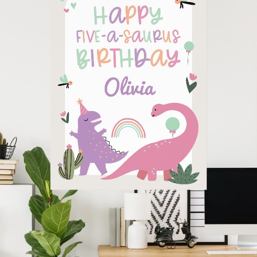 ピンクの女の子の恐竜5th誕生日パーティーポスター ポスター (ホームオフィス)
