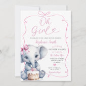 ピンクの女の子の手が弓の象の赤ちゃんシャワーで描画 招待状 (正面)