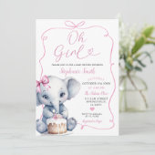 ピンクの女の子の手が弓の象の赤ちゃんシャワーで描画 招待状 (スタンド正面)