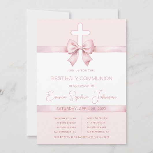 ピンクの女の子の最初のコミュニオンリボンの弓とクロス 招待状 (正面)