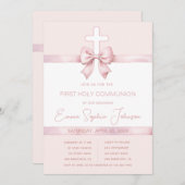 ピンクの女の子の最初のコミュニオンリボンの弓とクロス 招待状 (正面/裏面)