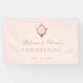 ピンクの女の子の洗礼 エレガント ヴィンテージ ローズゴールドの紋章 横断幕 (横)