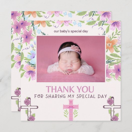 ピンクの女の子の洗礼・命名式の写真を使った感謝カード (正面/裏面)