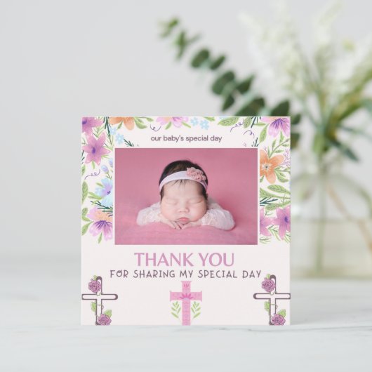 ピンクの女の子の洗礼・命名式の写真を使った感謝カード (スタンド正面)