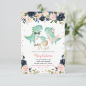 ピンクの女の子の熱帯恐竜の赤ちゃんシャワーの轟音 招待状 (スタンド正面)