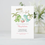 ピンクの女の子の熱帯恐竜の赤ちゃんシャワー轟音 招待状 (スタンド正面)