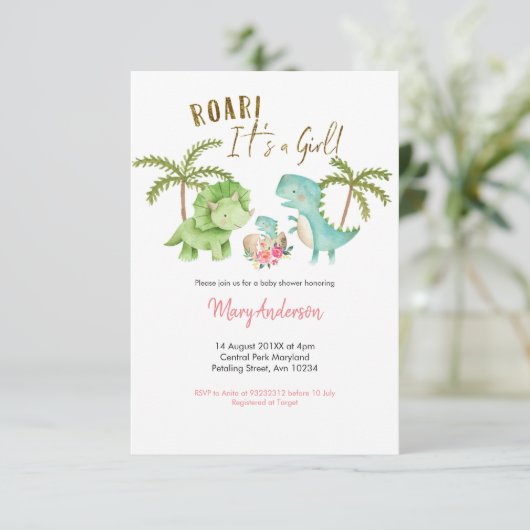 ピンクの女の子の熱帯恐竜の赤ちゃんシャワー轟音 招待状 (スタンド正面)