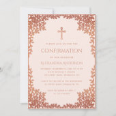 ピンクの女の子の確認 ローズゴールドの葉の宗教的なデザイン 招待状 (正面)
