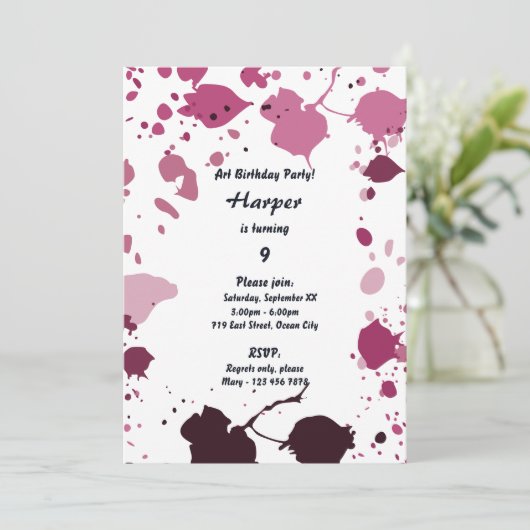 ピンクの女の子の美術をテーマにした9歳の誕生日パーティー招待状 招待状 (スタンド正面)