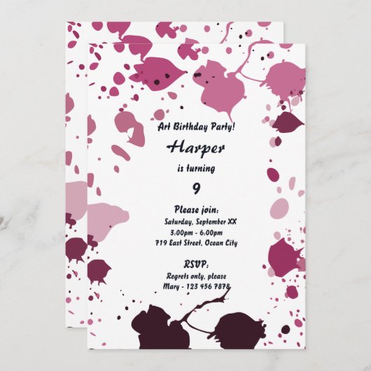ピンクの女の子の美術をテーマにした9歳の誕生日パーティー招待状 招待状 (正面/裏面)