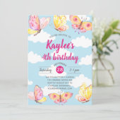 ピンクの女の子の蝶の誕生日パーティー 招待状 (スタンド正面)